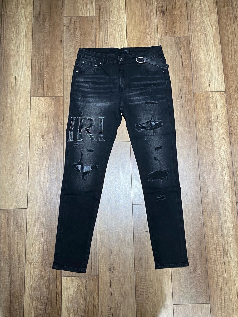 Amiri Mens Skinny Jeans Black Ripped Jeans with Black Logo Waist Size 34